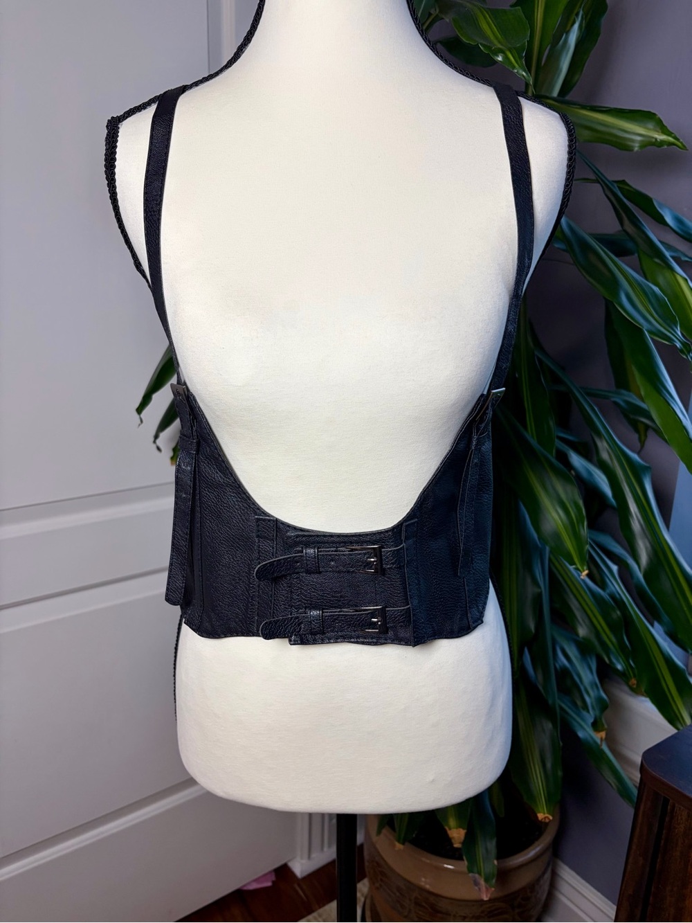 Waist Belt Steampunk Underbust Corset Belt Faux Black Leather Silver Buckle - Picture 4 of 9